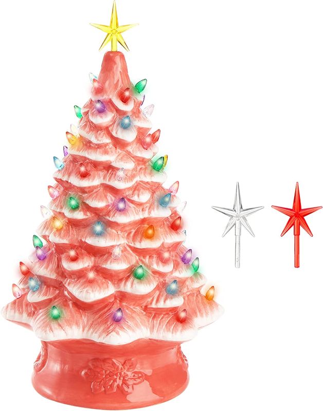 Photo 1 of DEAYOU 18" Ceramic Christmas Tree, Battery-Operated Porcelain Christmas Tree with 3 Star Toppers, Pre-Lit Hand-Painted Vintage Pottery Tree for Tabletop, Holiday Decor (Pink, Multicolored Lights)
