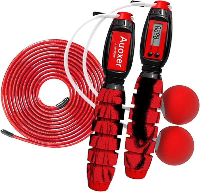 Photo 1 of Auoxer Jump Rope, Electronic Counting Skipping Rope, Adjustable Transparent Steel Rope, Cals, Miles, Km, Count Function, Cordless Long Rope Dual-use Models (Red-B)
