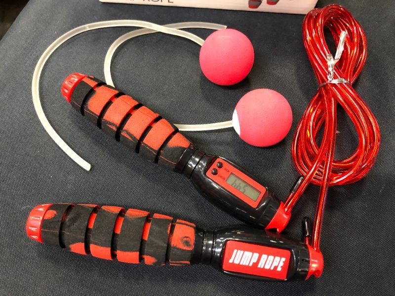 Photo 2 of Auoxer Jump Rope, Electronic Counting Skipping Rope, Adjustable Transparent Steel Rope, Cals, Miles, Km, Count Function, Cordless Long Rope Dual-use Models (Red-B)
