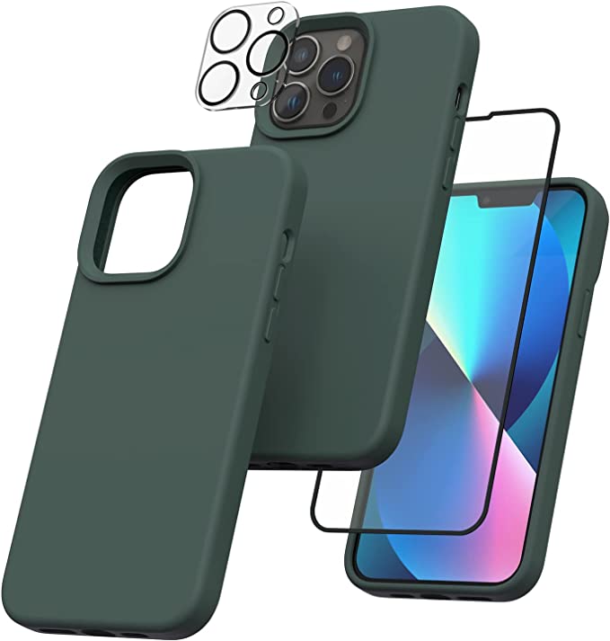 Photo 1 of POVRYE [3 in 1] Designed for iPhone 13 Pro Max Case 6.7 Inch, with 1 Pack Screen Protector + 1 Pack Camera Lens Protector, Soft Liquid Silicone Slim Shockproof Cover [Anti-Scratch], Midnight Green

