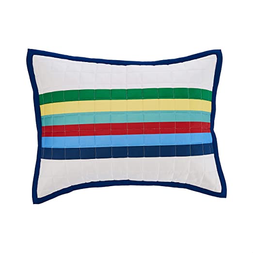 Photo 1 of Amazon Basics Kids Cotton Reversible Quilt Bedspread - Standard Sham, Multi-Color Stripes & Midnight Blue
