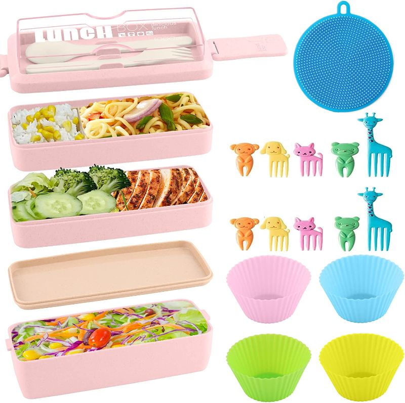 Photo 1 of Bento Box for Kids and Adult, Durable 1000ML Japanese Lunch Box Kit, 3 Layer Stackable Bento Lunch Box Leakproof & Microwave Safe Meal Prep Containers with Utensils, Food Picks (Pink)

