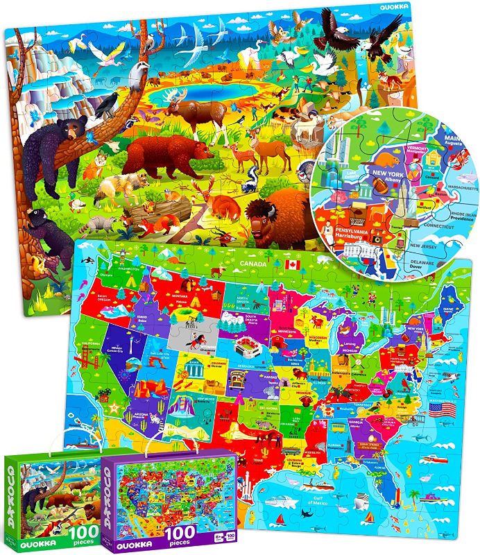 Photo 1 of 100 Pieces Floor Puzzles for Kids Ages 3-5 – 2 Jigsaw Toddler Puzzles 4-8 Years Old by Quokka – Games for Learning USA Map and National Park - Gift United States Toy to Boy and Girl Age 6-8-10
