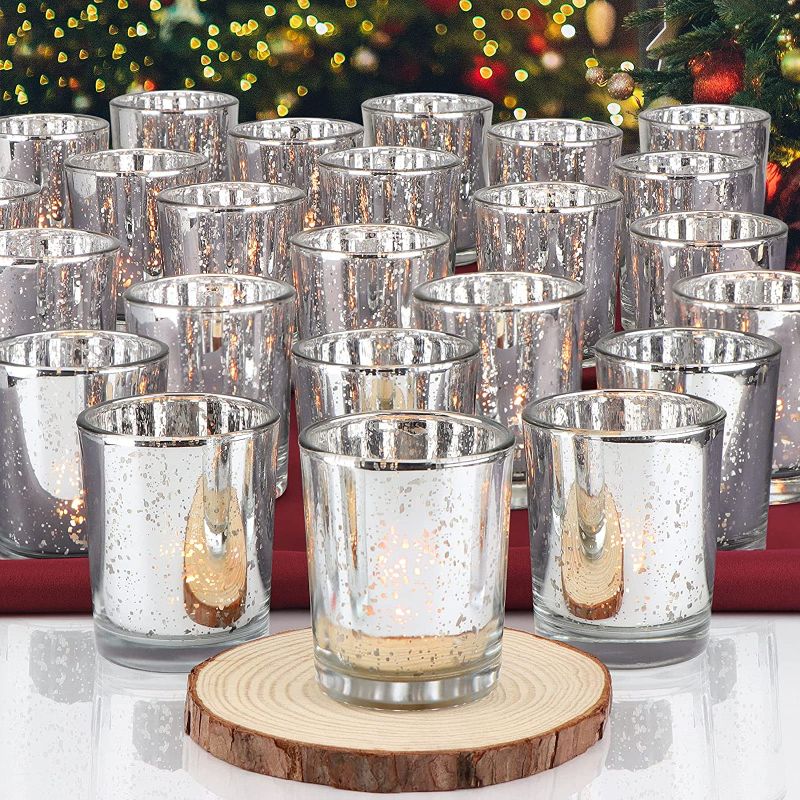 Photo 1 of DEVI Silver Votive Candle Holders 24pcs, Tealight Candle Holders for Table Centerpieces, Mercury Glass Candle Holder for Wedding Decorations, Anniversary Birthday Party Table Decorations
