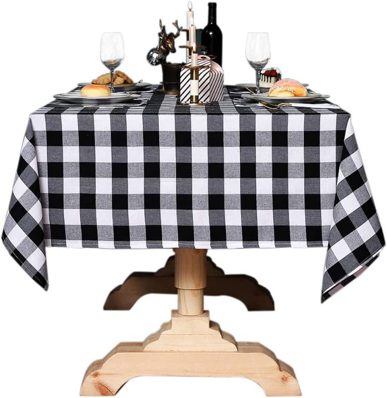 Photo 1 of Buffalo Plaid Rectangle Tablecloth Cotton Linen Check Plaid Table Cover for Christmas Party Wedding Table Decoration ( 55 x 70 Inch, White & Black )