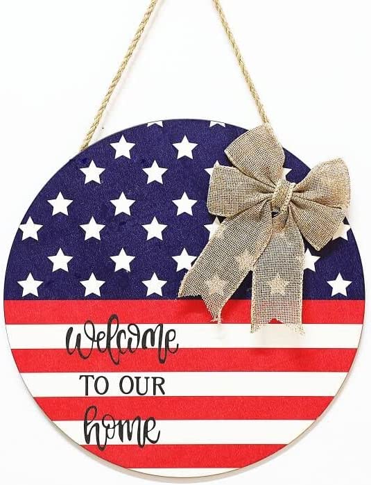 Photo 1 of Davsolly 4th of July Welcome Decoration American Flag Door Sign Patriotic Wooden Wreath with Burlap Bow for Independence Memorial Day Home Décor
