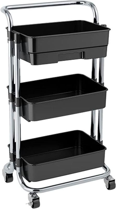 Photo 1 of 3 Tier Utility Rolling Cart, Trolley with Handle and Drawer, Storage Cart with Lockable Wheels for Kitchen, Office, Bedroom, Living Room, Classroom (Black)
