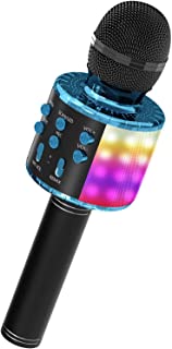 Photo 1 of OVELLIC Karaoke Microphone for Kids, Wireless Bluetooth Karaoke Microphone with LED Lights, Portable Handheld Mic Speaker Machine, Great Gifts Toys for Girls Boys Adults All Age (Black Blue) (BOX IS DAMAGED)
