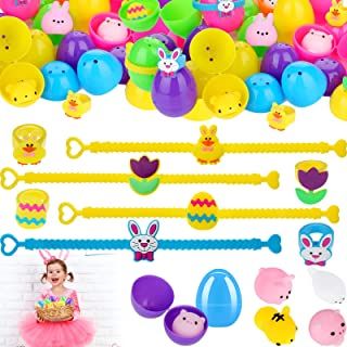 Photo 1 of 24 Pcs Prefilled Eggs with Toys Mochi Easter Egg Hunt Fillers Easter Surprise Eggs Basket Stuffers Plastic Eggs with Toys Inside with Kawaii Stress Reliever Toys Bracelets Rings for Easter Party Favor
