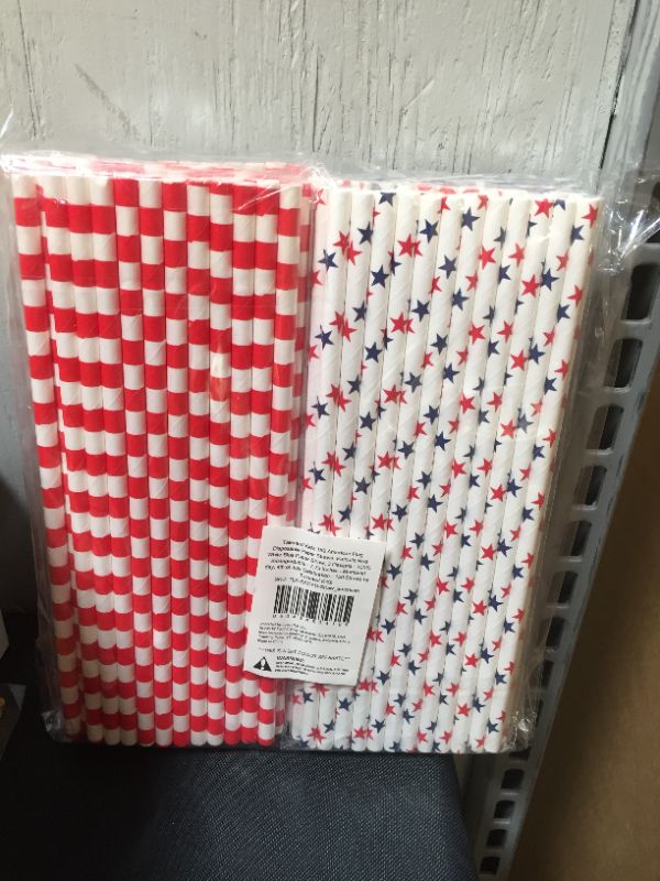 Photo 2 of 150 PIECES Disposable 4th of July Paper Straws, Red, White, and Blue American Flag Design for Patriotic Party Supplies, Memorial Day, Veterans (7.75 In) - 