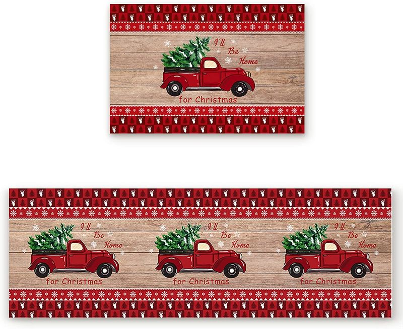 Photo 1 of ZEREAA Christmas Kitchen Rugs and Mats 2-Piece Set Absorbent Soft Microfiber Non-Slip Rubber Bath Mat Rugs for Entrance Bedroom Bathroom Kitchen, Truck

