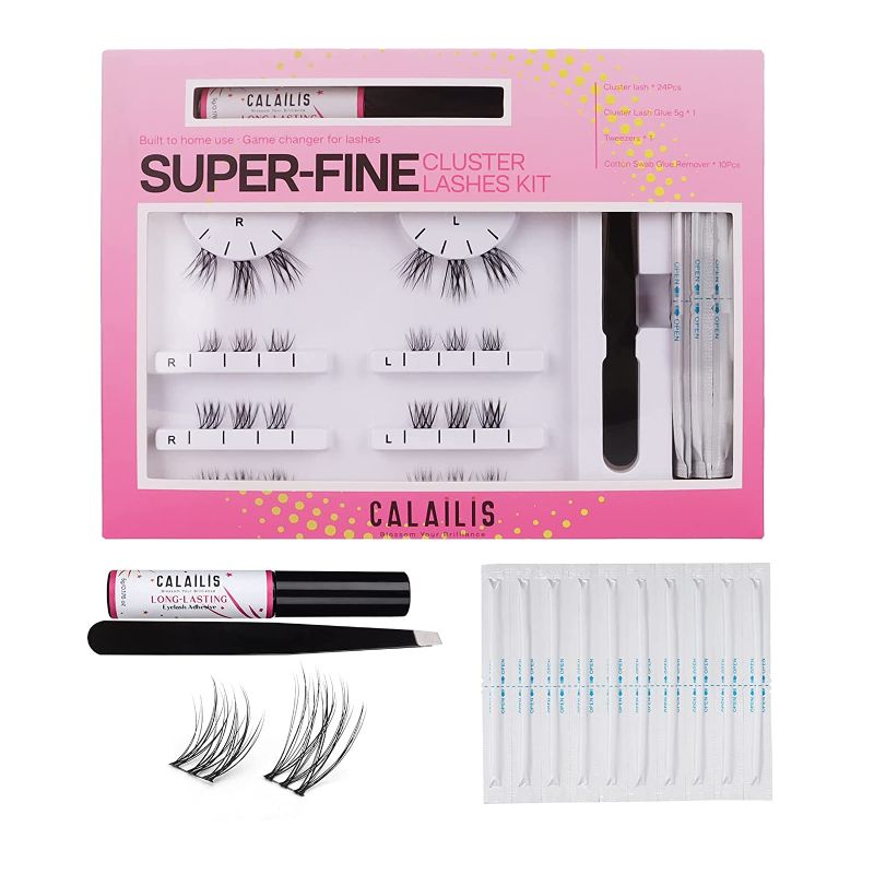 Photo 1 of 2 Pack CALAILIS - Eyelash Extension, Individual Cluster Lashes Kit, Glue Based Super Thin Strip with 48 Hours Lash Glue, Tweezers and Cotton Swab Glue Remover Kit 01
