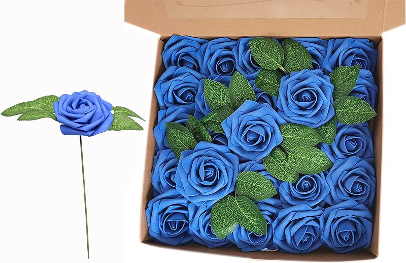 Photo 2 of Artificial Flowers, 25 Pcs 3 Inch Blue Fake Roses with Stems and 3 Leaves, DIY for Wedding Party Decorations and Home Decor (Royal Blue, 25)
