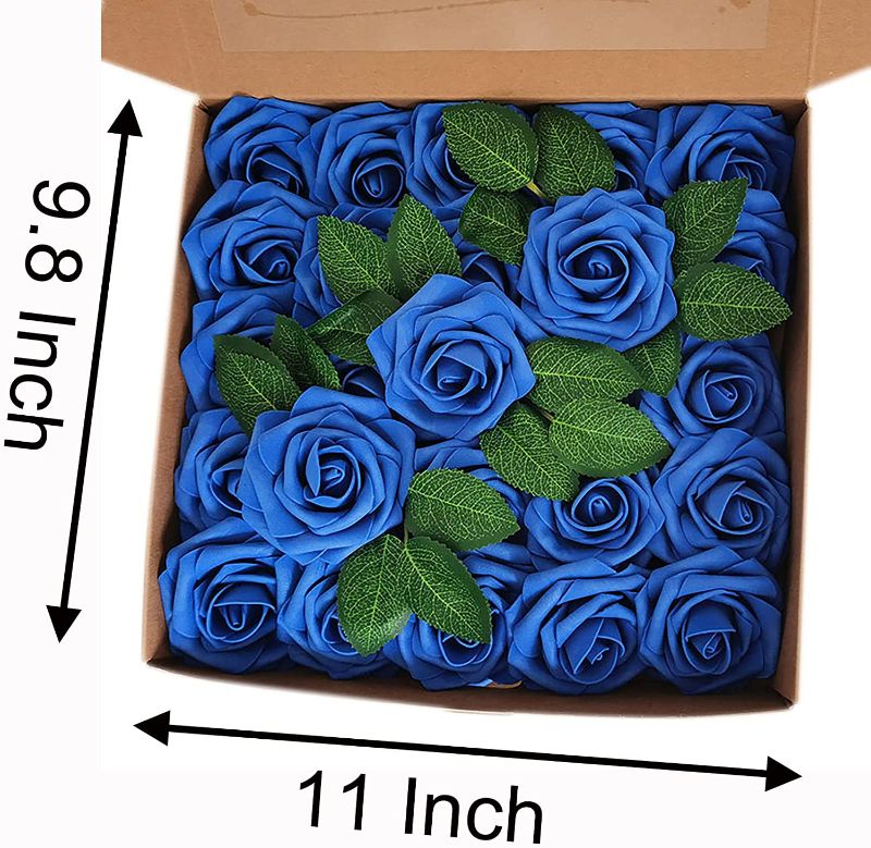 Photo 1 of Artificial Flowers, 25 Pcs 3 Inch Blue Fake Roses with Stems and 3 Leaves, DIY for Wedding Party Decorations and Home Decor (Royal Blue, 25)
