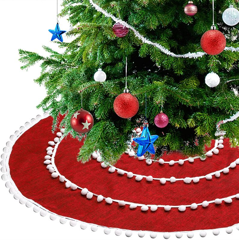 Photo 1 of DEAYOU 48 Inch Christmas Tree Skirt, Red Tree Skirt with Pom Pom Trim, Double Layer Christmas Tree Skirt for Christmas Winter New Year Holiday Party Decorations Ornaments Indoor Outdoor
