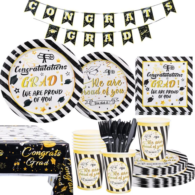 Photo 3 of Amycute Graduation Plates and Napkins Set 170PCS Graduation Black Gold Party Supplies 2022 Graduation Party Plates Cup Napkins Tablecloth Serves 30
