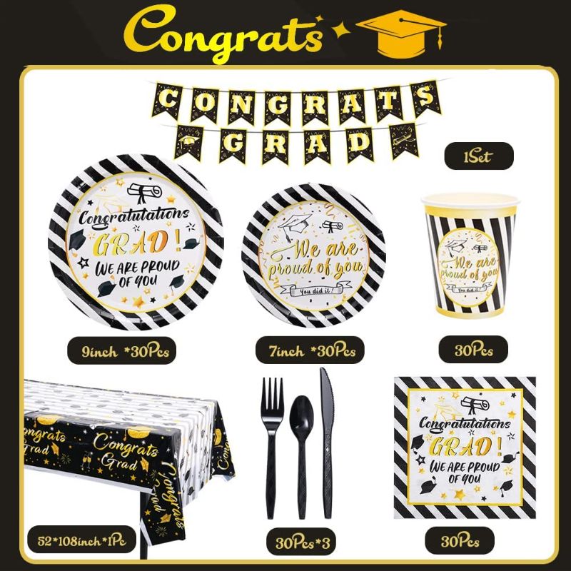 Photo 1 of Amycute Graduation Plates and Napkins Set 170PCS Graduation Black Gold Party Supplies 2022 Graduation Party Plates Cup Napkins Tablecloth Serves 30
