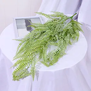 Photo 1 of Artificial Persian Rattan Fake Hanging Boston Fern Plant Faux Greenery Plastic Vine Outdoor Garden Wall Basket Grass Wedding Party Decor 2pcs (Pure Green)
