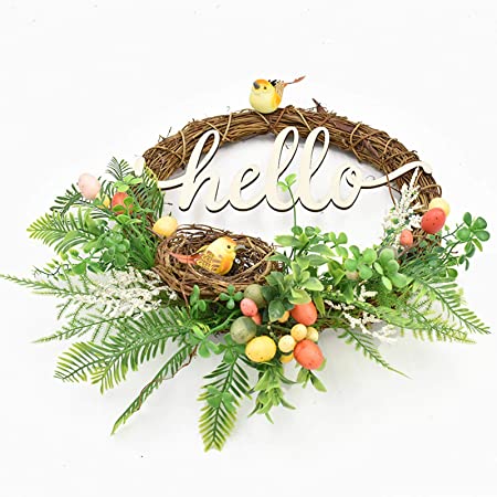 Photo 1 of Alapaste Artificial Green Leaf Wreath with Lifelike Birds Nest,17 Inch Handcrafted Hello Wreath for Front Door Easter Celebration Window Hanging Decoration
