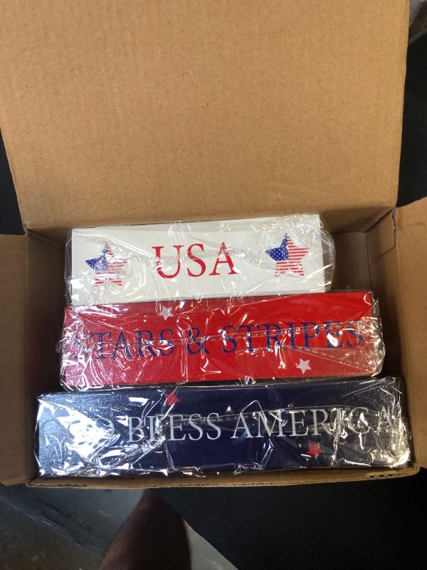 Photo 2 of 4th of July Patriotic Decorations- 3Pcs Wooden Block Signs Table Decor Tiered Tray Decoration- USA, Stars & Stripes, God Bless America Wooden Signs for Patriotic Party Home Farmhouse Tabletop Mantel
