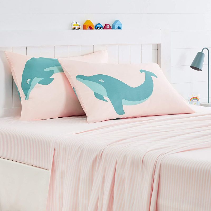 Photo 1 of Amazon Basics Kids Jumping Dolphins Soft, Easy-Wash Microfiber Pillow Cases - Standard Set, Dolphin
