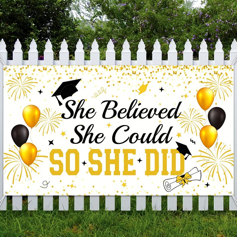 Photo 1 of 2022 Graduation Banner Large- She Believed She Could So She Did Banner for Girls Graduation Party- Class of 2022 Graduation Party Supplies Outdoor Indoor Photo Backdrop - 70" X 40"
