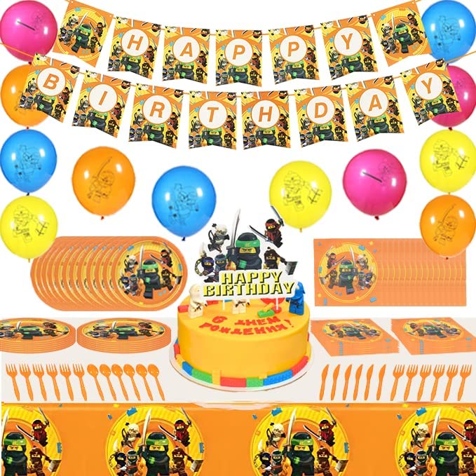 Photo 1 of 123 pcs Video Game Theme Party Supplies, Ninja Decorations Included Banners, Cupcake Toppers, Plates, Forks, Cake Toppers and Balloons for Kids Party Supplies Robot Blocks Birthday Party Decorations
