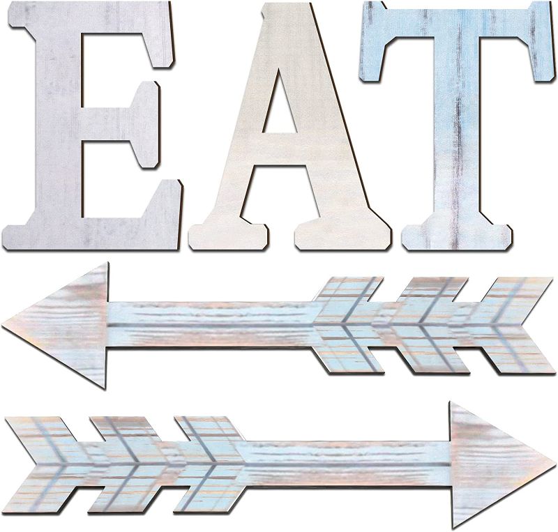 Photo 1 of 5 Pieces EAT Sign Kitchen Wood Rustic Sign Arrow Wall Decor EAT Farmhouse Decoration Hanging Arrow Wooden Sign for Kitchen Wall Home Dining Room (Classic Color)
