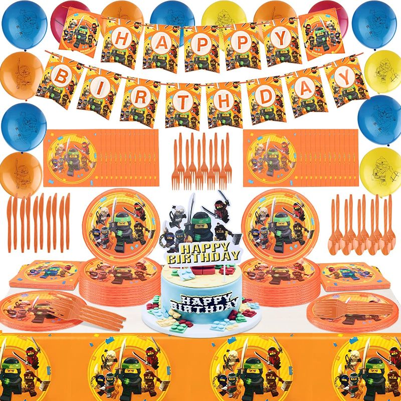 Photo 1 of 123 pcs Video Game Theme Party Supplies, Ninja Decorations Included Banners, Cupcake Toppers, Plates, Forks, Cake Toppers and Balloons for Kids Party Supplies Robot Blocks Birthday Party Decorations
