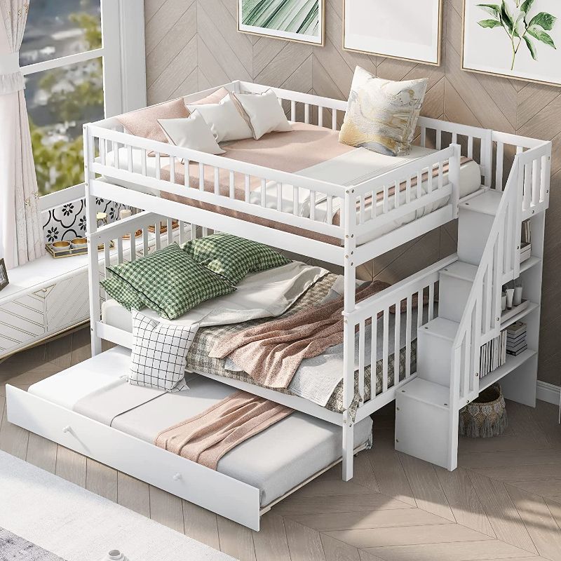 Photo 1 of Full Over Full Bunk Bed with Trundle, Wooden Bunk Bed with Staircase, for Kids Teens Adults ( White )
Box 3 of 3. Needs Box 1 and 2