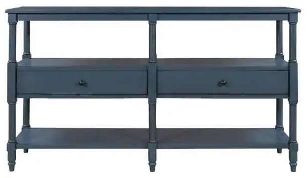 Photo 1 of 57 in. Rustic Wood Console Table Sofa Table with 3-Tier Open Storage-Shelf and 2-Drawers (Navy Blue)
