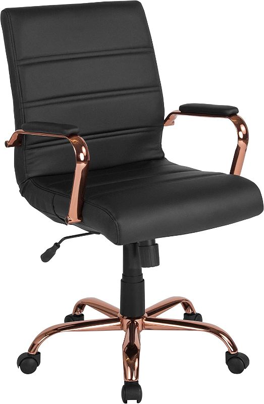 Photo 1 of Flash Furniture Mid-Back Desk Chair - Black LeatherSoft Executive Swivel Office Chair with Rose Gold Frame - Swivel Arm Chair
