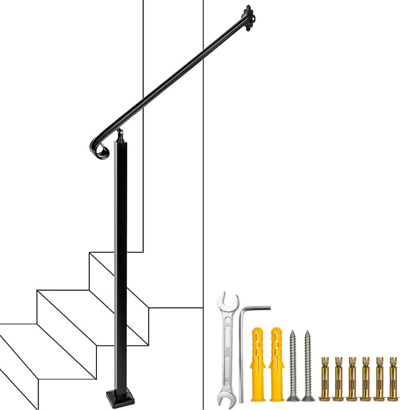 Photo 1 of 2-3 Step Handrail,Wall&Floor Mounted Wrought Iron Handrails, Stair Rail with Installation Kit Hand Rail for Outdoors Steps,Black
