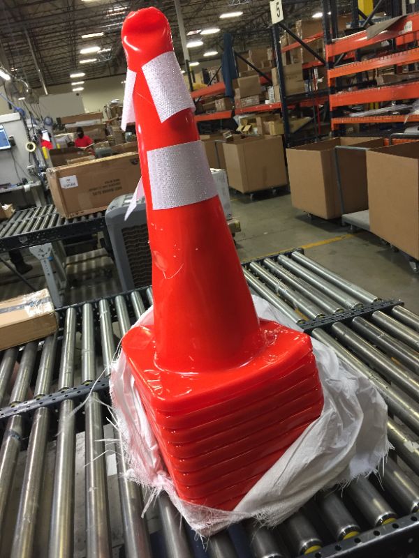 Photo 1 of 25 Inch Tall Orange Traffic Cones With Reflective Collars. 10 Pack Bundle. Plastic has Bends and Distortions in it. Box Packaging Damaged. Reflective Collars Cut