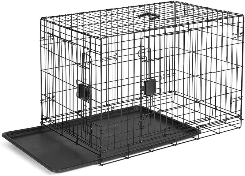 Photo 1 of Amazon Basics Foldable Metal Wire Dog Crate with Tray, Single or Double Door Styles - Size:36" - Style:Double Door w/ Divider. Box Packaging Damaged, Minor Use
