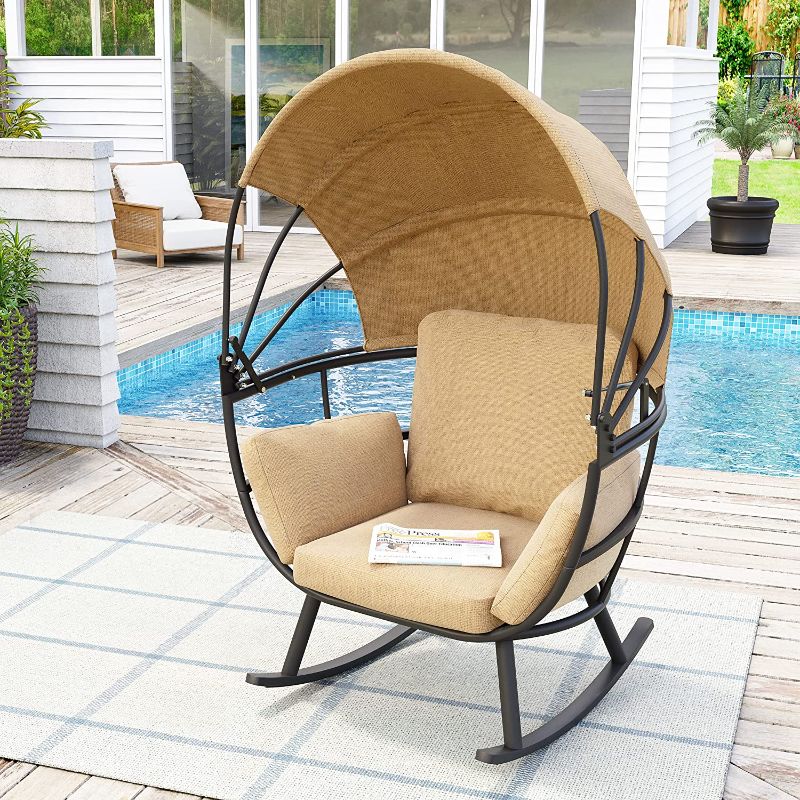 Photo 1 of Crestlive Products Patio Egg Chair, Outdoor Indoor Rocking Sofa Chair with Folding Canopy, All Weather Aluminum Lounge Chair w/Cushion & Sun Shade Cover for Living Room, 265lb Capacity (Black & Tan)
