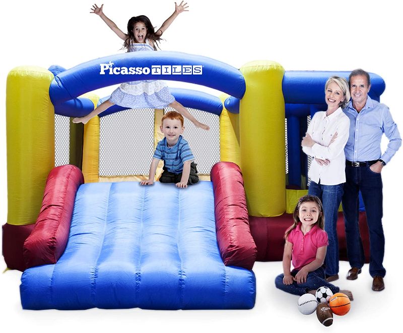 Photo 1 of [Upgrade Version] PicassoTiles KC102 12x10 Foot Inflatable Bouncer Jumping Bouncing House, Jump Slide, Dunk Playhouse w/ Basketball Rim, 4 Sports Balls, Full-Size Entry, 580W ETL Certified Blower--BOX DOES NOT CLOSE COMPLETELY---ITEM IS STAINED/DIRTY---