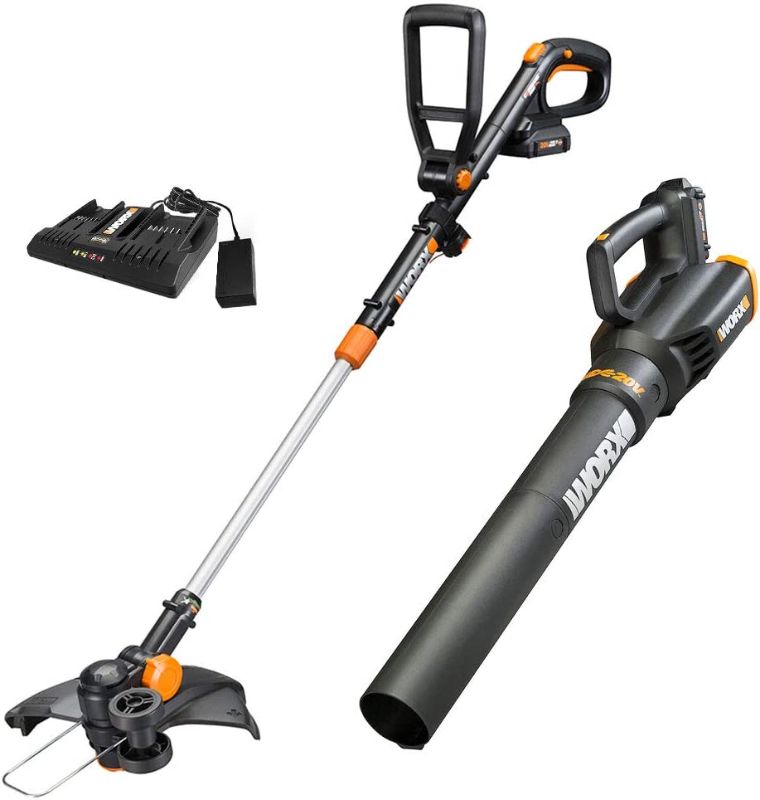 Photo 1 of WORX 20V GT Revolution 12" Cordless String Trimmer & Turbine Leaf Blower Power Share Combo Kit - WG930.2 (Batteries & Charger Included) Missing Batteries, Heavy Use, Scratches and Scuffs on Item, Grass Stains on item. Could Not Test,
