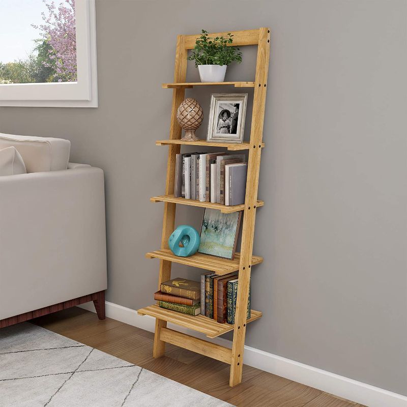 Photo 1 of 5-Tier Ladder Bookshelf – Leaning Decorative and Storage Shelves – Wooden Bookshelf Home Décor for Living Room, Bathroom & Kitchen by Lavish Home (Pickled Oak). Box Packaging Damaged. Missing Parts. Selling for Parts.