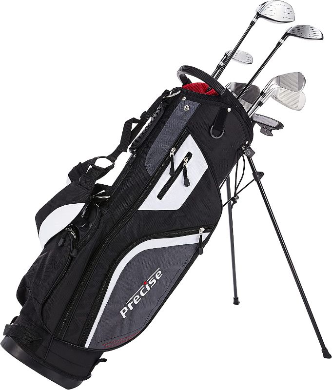 Photo 1 of Precise M5 Men's Complete Golf Clubs Package Set Includes Titanium Driver, S.S. Fairway, S.S. Hybrid, S.S. 5-PW Irons, Putter, Stand Bag, 3 H/C's. for Right Handed Golferss. One of Golf Clubs are Broken,. Moderate use on Item and Clubs. Box Packaging Dama