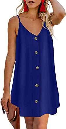 Photo 1 of Feiersi Women Summer Beach Casual Spaghetti Strap Button Down Sleeveless Mini Dress ROYAL BLUE LARGE
