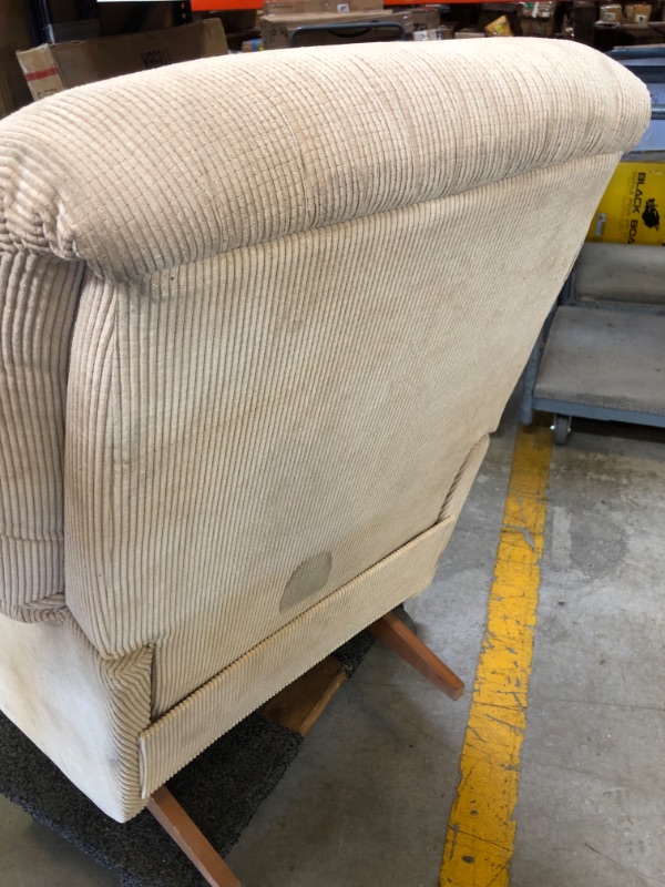Photo 7 of WOOD BASE. BEIGE CORDUROY FABRIC RECLINER WITH ARM COVERS AND TOP COVER. VERY DIRTY FROM USE AND STORAGE. NEEDS TO BE CLEANED 