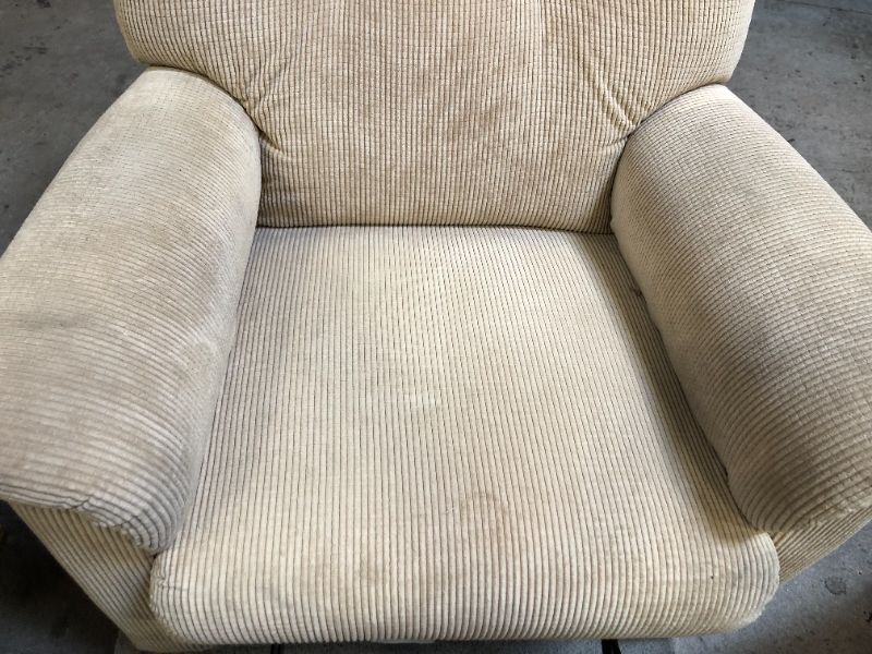 Photo 2 of WOOD BASE. BEIGE CORDUROY FABRIC RECLINER WITH ARM COVERS AND TOP COVER. VERY DIRTY FROM USE AND STORAGE. NEEDS TO BE CLEANED 