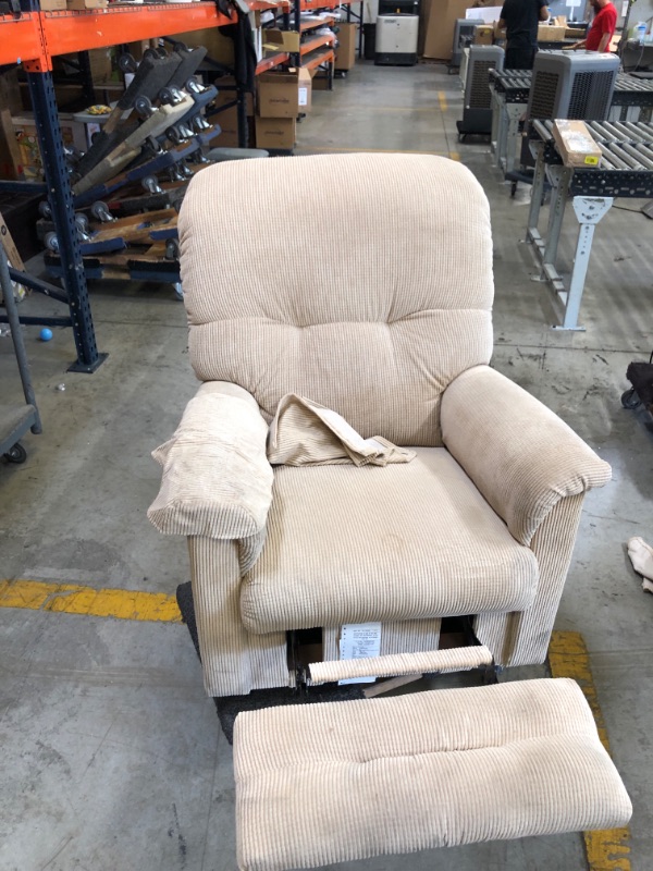 Photo 11 of WOOD BASE. BEIGE CORDUROY FABRIC RECLINER WITH ARM COVERS AND TOP COVER. VERY DIRTY FROM USE AND STORAGE. NEEDS TO BE CLEANED 