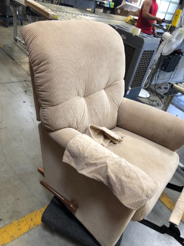 Photo 4 of WOOD BASE. BEIGE CORDUROY FABRIC RECLINER WITH ARM COVERS AND TOP COVER. VERY DIRTY FROM USE AND STORAGE. NEEDS TO BE CLEANED 