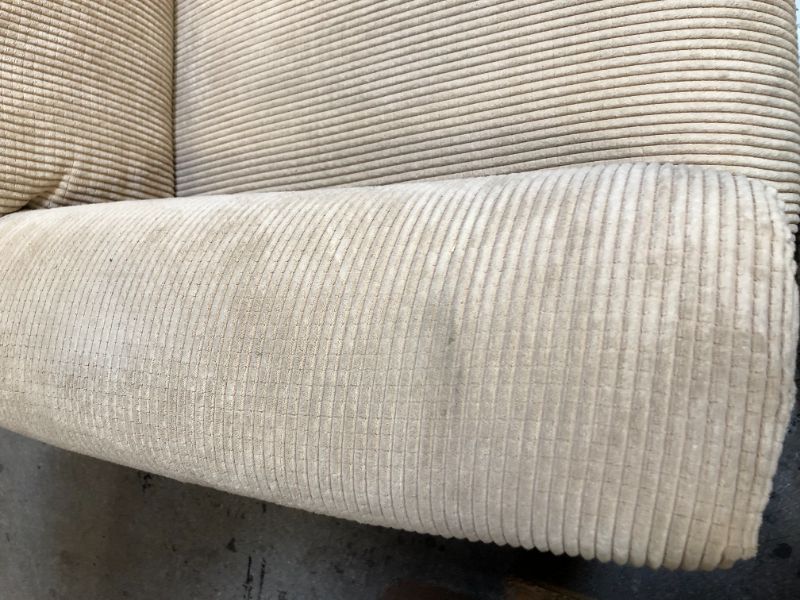 Photo 9 of WOOD BASE. BEIGE CORDUROY FABRIC RECLINER WITH ARM COVERS AND TOP COVER. VERY DIRTY FROM USE AND STORAGE. NEEDS TO BE CLEANED 