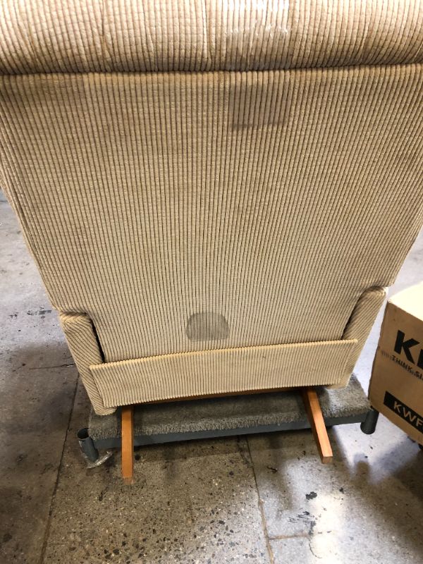 Photo 5 of WOOD BASE. BEIGE CORDUROY FABRIC RECLINER WITH ARM COVERS AND TOP COVER. VERY DIRTY FROM USE AND STORAGE. NEEDS TO BE CLEANED 