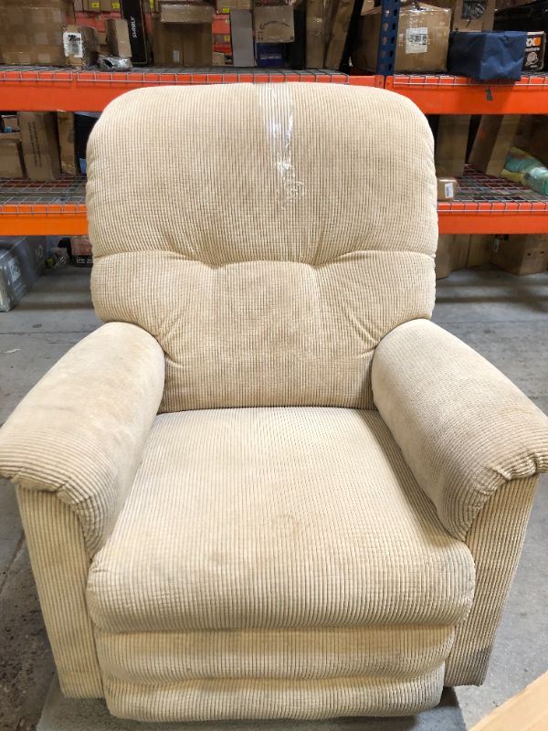 Photo 1 of WOOD BASE. BEIGE CORDUROY FABRIC RECLINER WITH ARM COVERS AND TOP COVER. VERY DIRTY FROM USE AND STORAGE. NEEDS TO BE CLEANED 