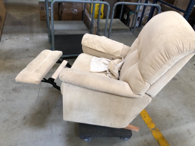 Photo 6 of WOOD BASE. BEIGE CORDUROY FABRIC RECLINER WITH ARM COVERS AND TOP COVER. VERY DIRTY FROM USE AND STORAGE. NEEDS TO BE CLEANED 