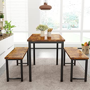 Photo 1 of AWQM Dining Room Table Set, Kitchen Table Set with 2 Benches, Ideal for Home, Kitchen and Dining Room, Breakfast Table of 47.2x28.7x29.5 inches, Benches of 41.3x11.8x17.7 inches, Rustic Brown
